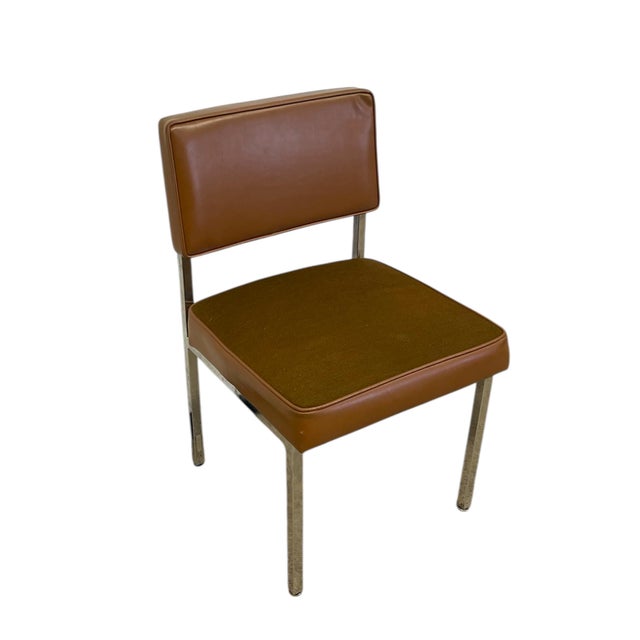 Industrial Vintage Industrial Steel Toned Dining Chair - Brown Seat & Brown Vinyl Like Back For Sale - Image 3 of 9