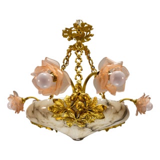 French Art Nouveau Chandelier with Alabaster Bowl & Pink Glass Shades, 1920 For Sale