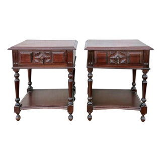 Pair of Spanish Carved Wood Bedside Tables With Lower Shelves, 1940s For Sale