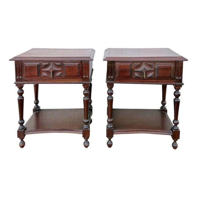 Pair of Spanish Carved Wood Bedside Tables With Lower Shelves, 1940s For Sale