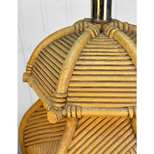 Brown Vintage Coastal Chinoiserie Faux Rattan Pagoda Table Lamps - A Pair For Sale - Image 8 of 12