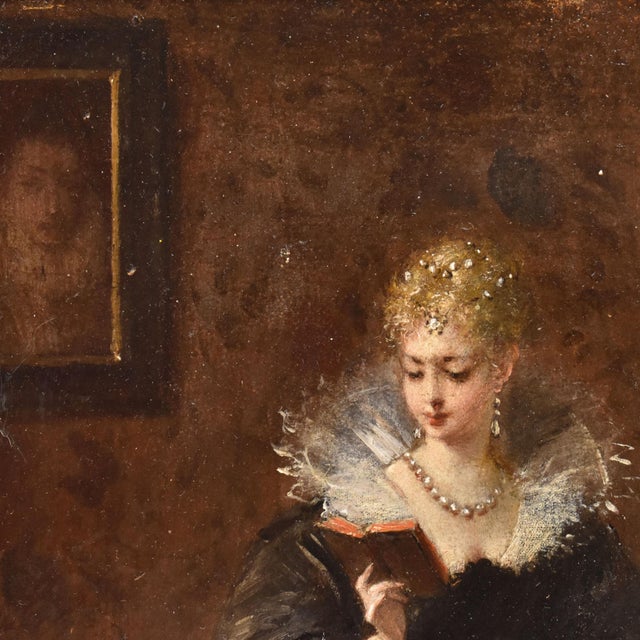 Charles François Pécrus, Portrait of Lady Reading, 1800s, Oil on Wood, Framed For Sale - Image 7 of 11