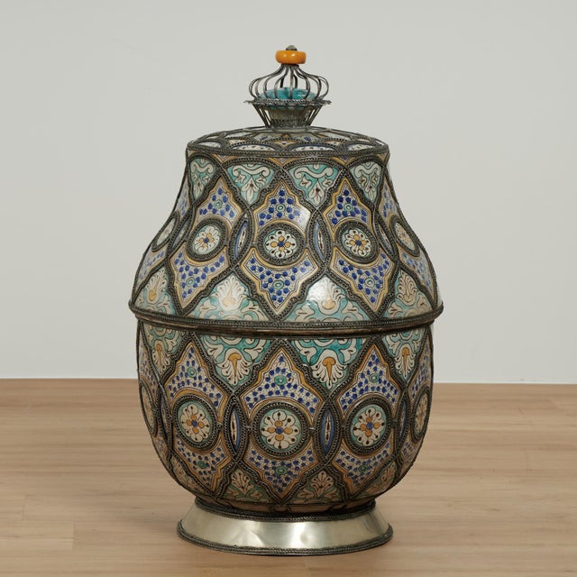 Pair of Vintage Moroccan Terra Cotta and Metal Lidded Urns For Sale - Image 9 of 16