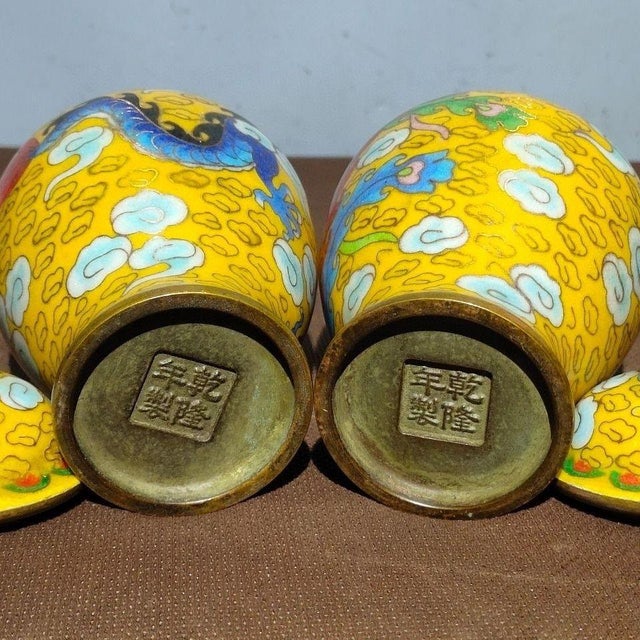 Pair of Vintage Chinese Yellow Cloisonné "Dragon & Phoenix" Ginger Jars - 1310g For Sale - Image 4 of 9