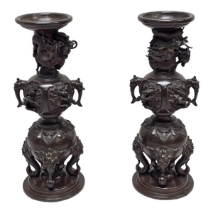 Pair of 19th Century Japanese Meiji Bronze Censer, Incense Burners Sculptures