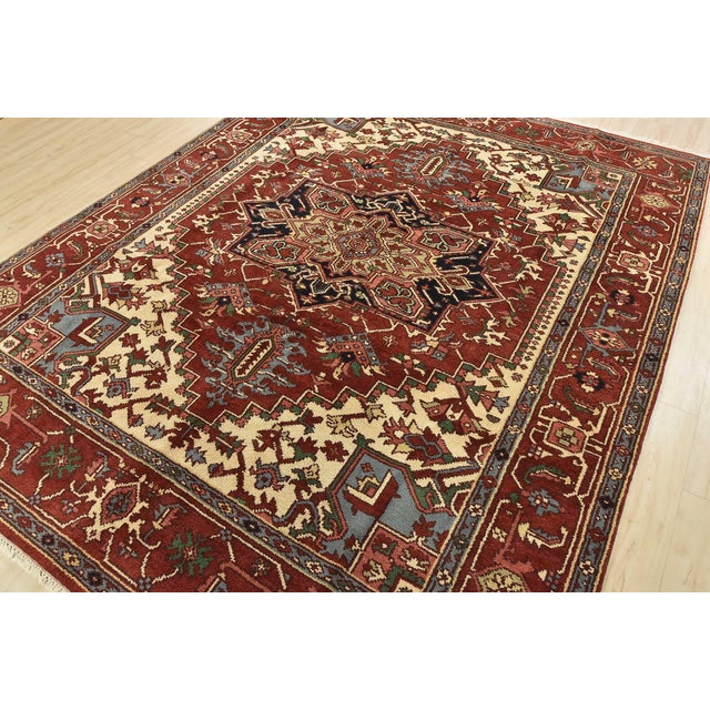 Tribal Heriz Rug 7’10” X 10′ Red Wool Tribal Hand-Knotted Oriental Carpet For Sale - Image 3 of 15