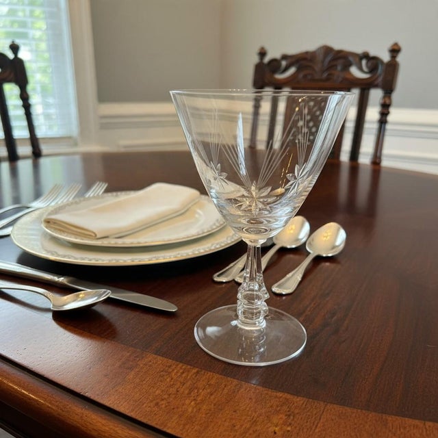 Vintage Tiffin Franciscan Shooting Star Water Goblets-Set of 7-Etched Stemware For Sale - Image 9 of 9