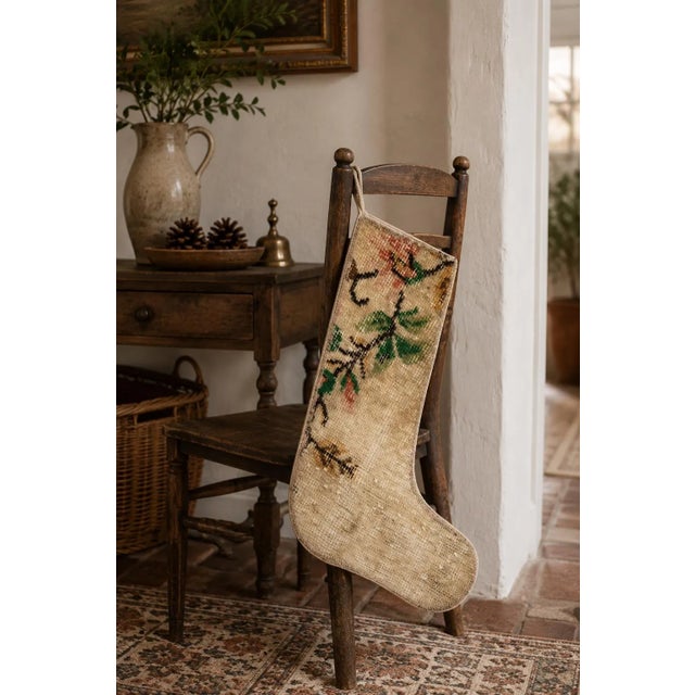 Botanical Branch Vintage Kilim Christmas Stocking, Cream Wool With Floral Motif, 12.2 X 17.7 in – One of a Kind Decor For Sale - Image 4 of 6