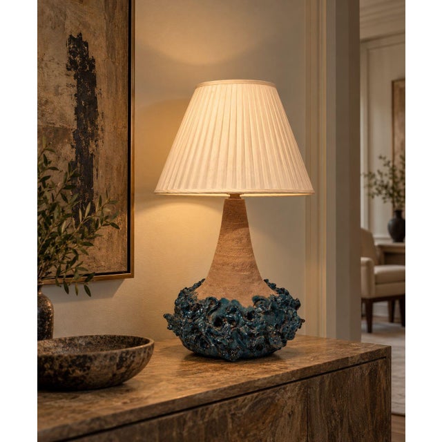 Hanne Stentøj, Danish Mid-Century Modern, Large Brutalist Table Lamp, Blue Stoneware, Denmark, 1979 A large and brutalist...