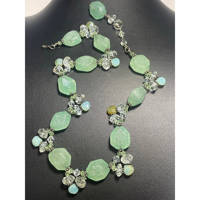 Boho Chic Gemstone Necklace Moss Aquamarine, Faceted White Topaz Rondelles, and Supple Shades of Blue Green Yellow Peruvian Opal For Sale - Image 3 of 10