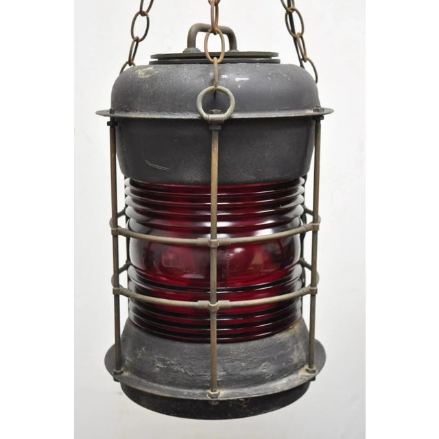 Traditional Antique Durkee Marine Ship Lantern Fixture Red Fresnel Pendant Chandelier (B) For Sale - Image 3 of 11