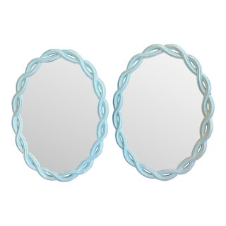 Vintage Pair Light Aqua Lacquered Palm Beach Scalloped Oval Wall Mirrors For Sale