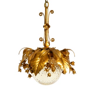 Vintage Gold-Plated Metal Pendant Lamp with Glass Sphere by Hans Kögl, 1970s For Sale