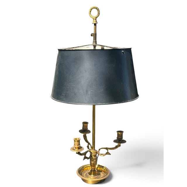 Mid 20th Century Antique-Style Brass Bouillotte Candlestick Lamp With Black Tole Shade Electrical Double Socket on Switch For Sale In Los Angeles - Image 6 of 9