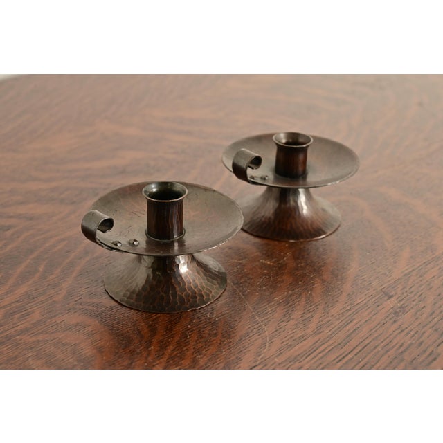 Roycroft Roycroft Arts & Crafts Hammered Copper Handled Candlesticks, Pair For Sale - Image 4 of 10