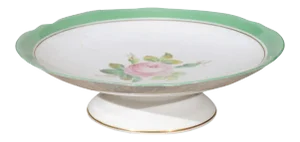 1880s English Victorian Floral Compote with Pink Roses, Green & Gold Trim