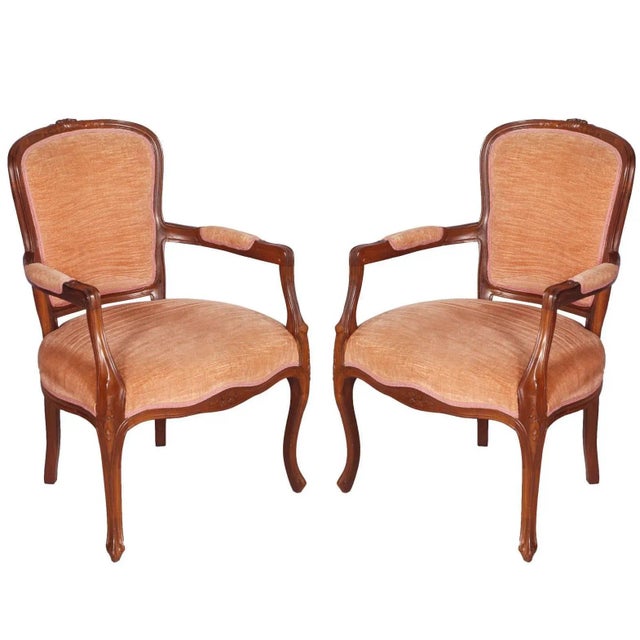 Art Nouveau Carved Walnut & Velvet Armchair For Sale - Image 4 of 5