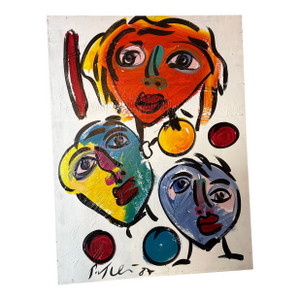 Vintage Colorful Abstract Faces Painting ~ Signed Peter Keil 1987