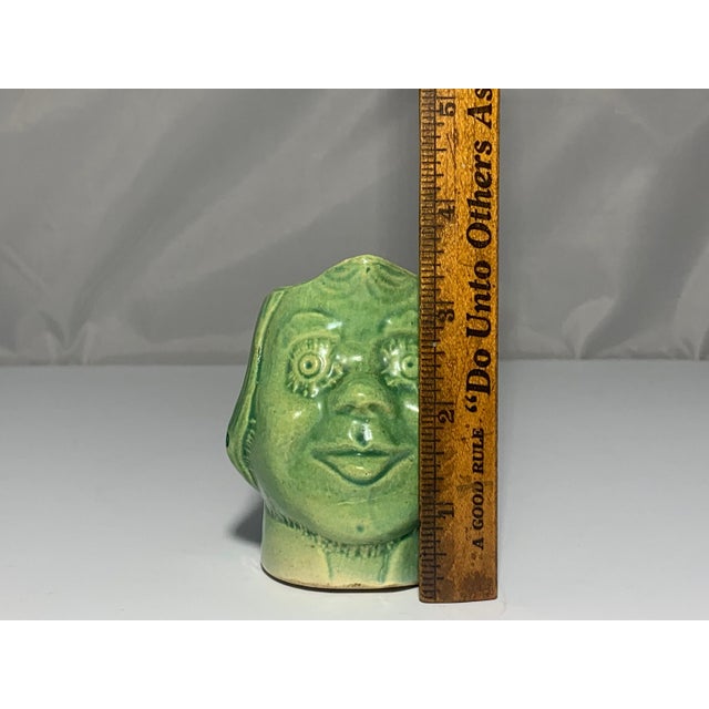 Antique Glazed Stoneware Face Creamer: Green Ceramic Girl For Sale - Image 9 of 10