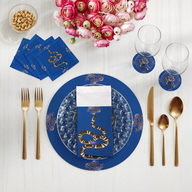 2020s Thistle And Snake Cotton Sateen Cocktail Napkins in Blue, Set of 4 For Sale - Image 5 of 6
