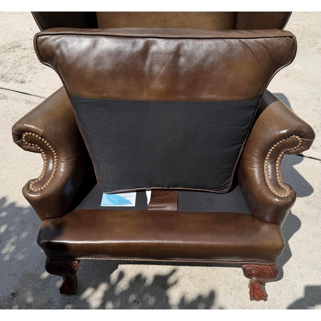 Ethan Allen Vintage Ethan Allen Leather Wingback Armchair With Carved Claw Feet For Sale - Image 4 of 12