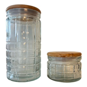 Two Glass Canisters Wood Tops