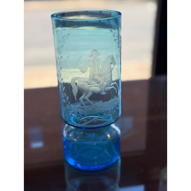 19th Century Antique Victorian Blue Etched Glass Vase- American Bicentennial- Rare Find For Sale - Image 5 of 10