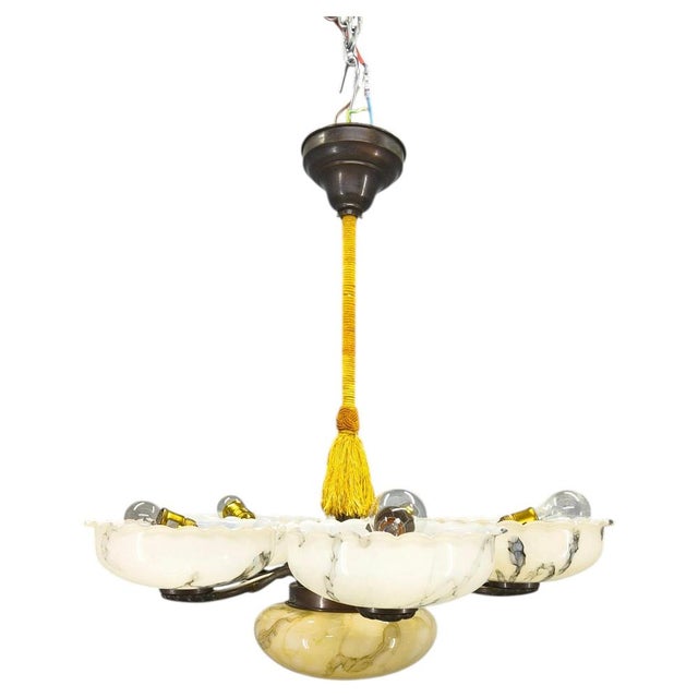 Czech Art Deco Brass Opaline Glass Chandelier, 1940s For Sale - Image 11 of 11
