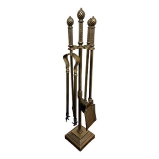 Antique Brass Fire Irons Set on Stand, 1900s, Set of 5 For Sale