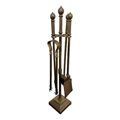 Antique Brass Fire Irons Set on Stand, 1900s, Set of 5 For Sale