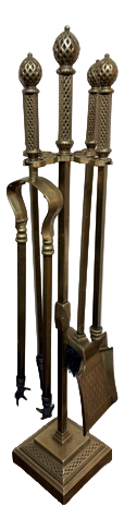 Antique Brass Fire Irons Set on Stand, 1900s, Set of 5