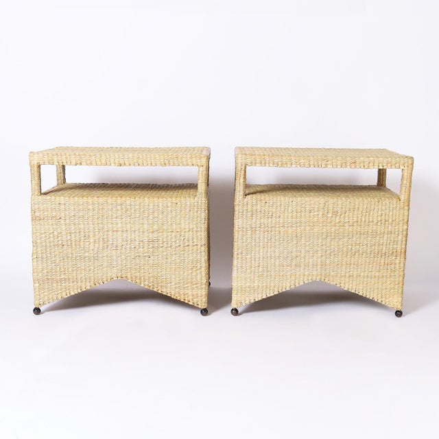 Mid-Century Modern Pair of Two Tiered Wicker Stands of Tables For Sale - Image 3 of 9