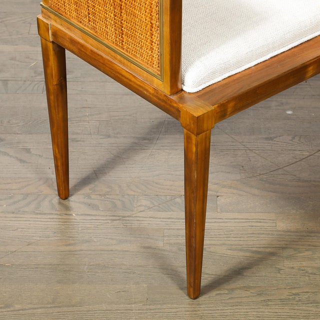 Mid-Century Brass Lined Walnut Settee W/ Cane Detailing & Holly Hunt Upholstery For Sale - Image 15 of 18