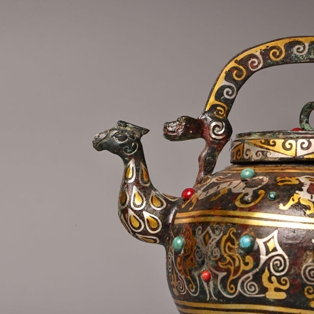Vintage Bronze Lidded Tripod Ewer With Gold Silver Inlay & Gemstone Inset, Bird Spout Wine Vessel For Sale - Image 9 of 10