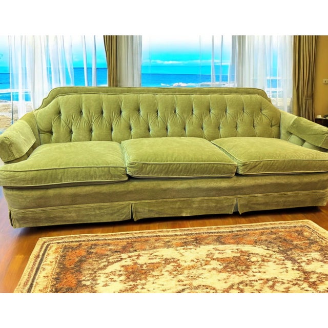 Textile Mid-Century Modern Chartreuse Velvet Sofa For Sale - Image 7 of 8