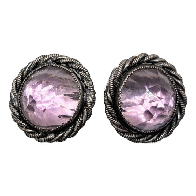 Vintage 1950s Signed Napier Round Silvertone Faux-Amethyst Clip Earrings- 2 Pieces For Sale