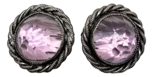 Vintage 1950s Signed Napier Round Silvertone Faux-Amethyst Clip Earrings- 2 Pieces