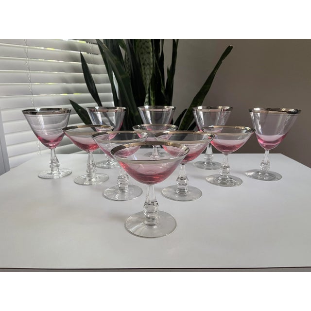 Art Deco Tiffin Franciscan Pink Wisteria Stemware Glasses With Silver Rims - 11 Pieces For Sale - Image 3 of 13
