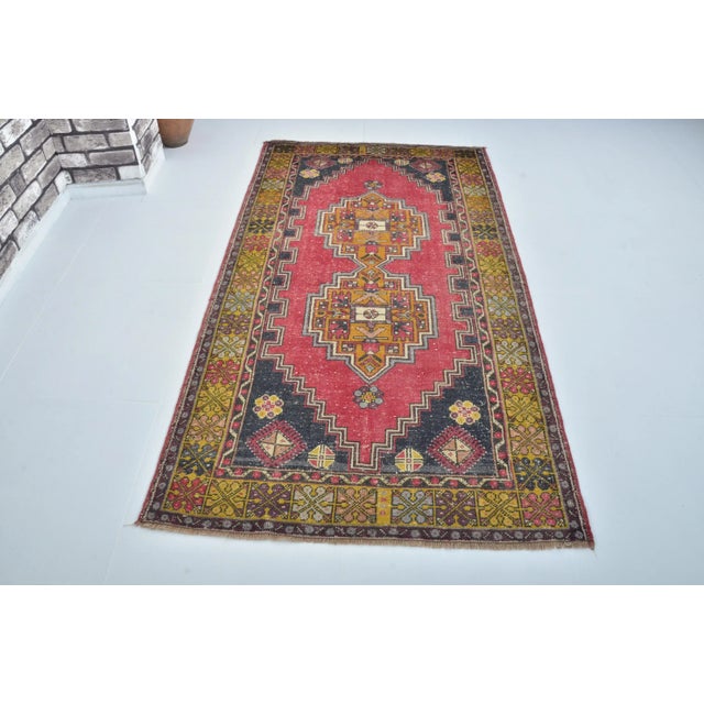 Art Deco 1960s Red and Yellow Color Distressed Oushak Rug For Sale - Image 3 of 11