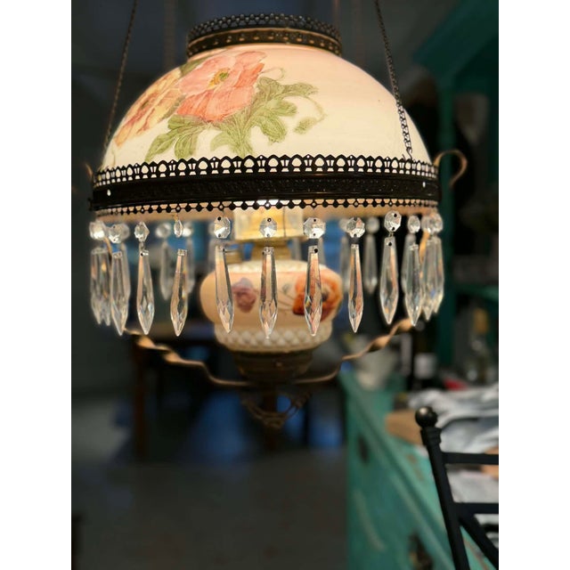 Antique Victorian Floral Painted Glass & Brass Hanging Chandelier With Crystal Prisms For Sale - Image 4 of 16