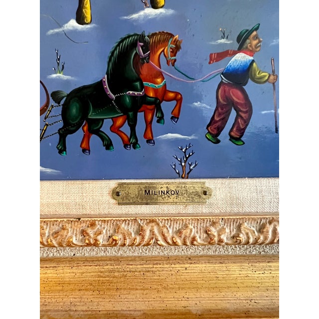 Blue Ljubomir Milinkov, Folk Art Naive Oil Painting Ljubomir Milinkov Whimsical Pastoral Farm Landscape For Sale - Image 8 of 18