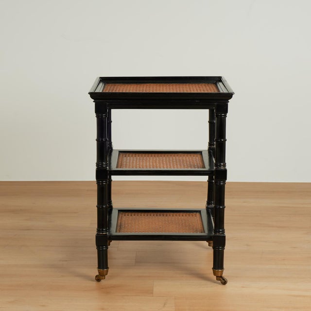 Pair of Vintage British Colonial Style Faux Bamboo Three Tiered Caned Stands For Sale In West Palm - Image 6 of 17