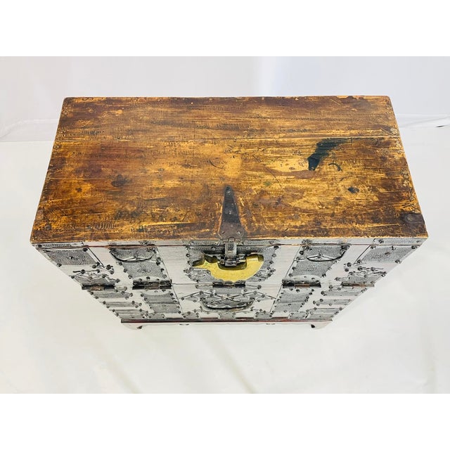 Wood Antique Korean Blanket Chest With a Bronze Lock & Iron Hardware For Sale - Image 7 of 12