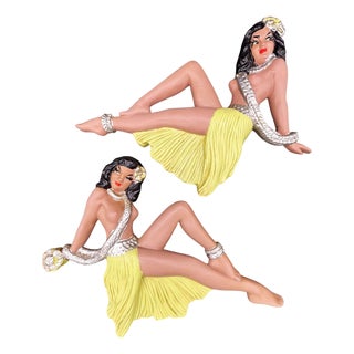 MCM Hawaiian Art Pottery Nude Pin-Up Yellow Hula Girl Wall Sculpture, Pair For Sale