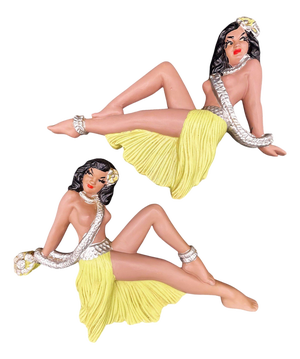 MCM Hawaiian Art Pottery Nude Pin-Up Yellow Hula Girl Wall Sculpture, Pair