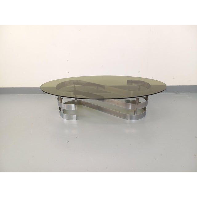 Vintage Oval Coffee Table in Smoked Glass and Chrome Metal from the 1970s For Sale - Image 8 of 17