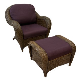 French Vintage Wicker Armchair With Ottoman by Chez Pluie For Sale