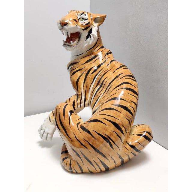 1950s Large Vintage Hand Painted Ceramic Roaring Tiger, 1950s For Sale - Image 5 of 13