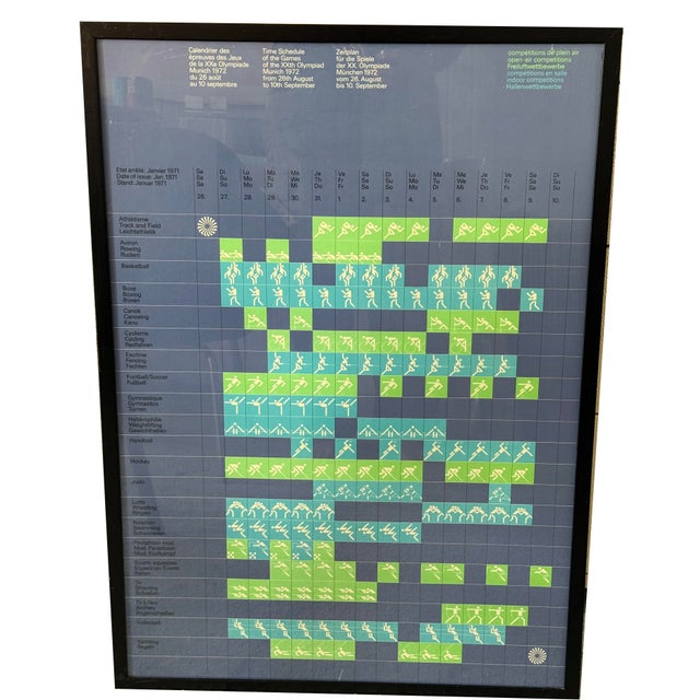 Otl Aicher 1972 Munich Olympics: Sports Schedule Framed Poster 1968 –1972 For Sale - Image 4 of 5