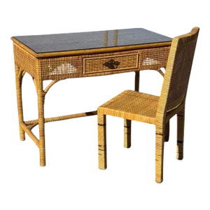 Vintage Wicker Desk Dressing Table With One Drawer & Glass Top & Chair - Set of 2
